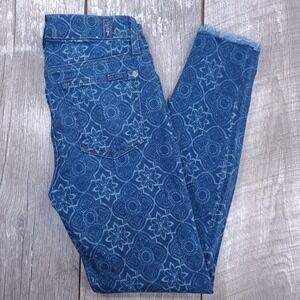 7 For All Mankind Jeans Womens 26 Blue Mandala Tile Print Raw Hem Skinny Ankle